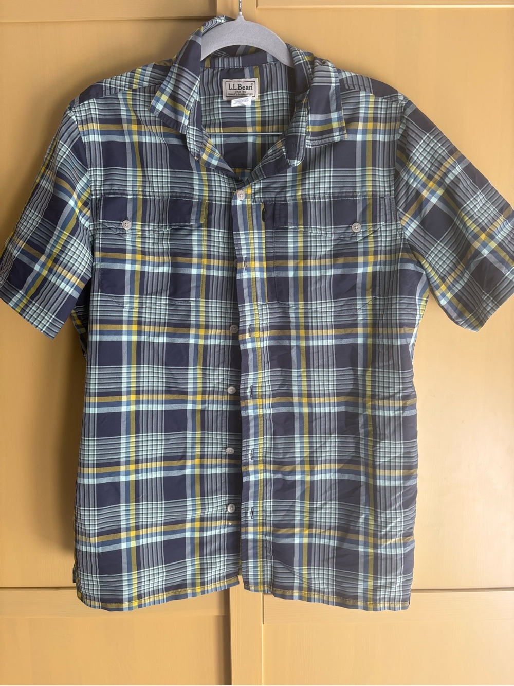 L.L.Bean Men’s Short Sleeve Plaid Button-Up - Navy, Light Blue & Yellow